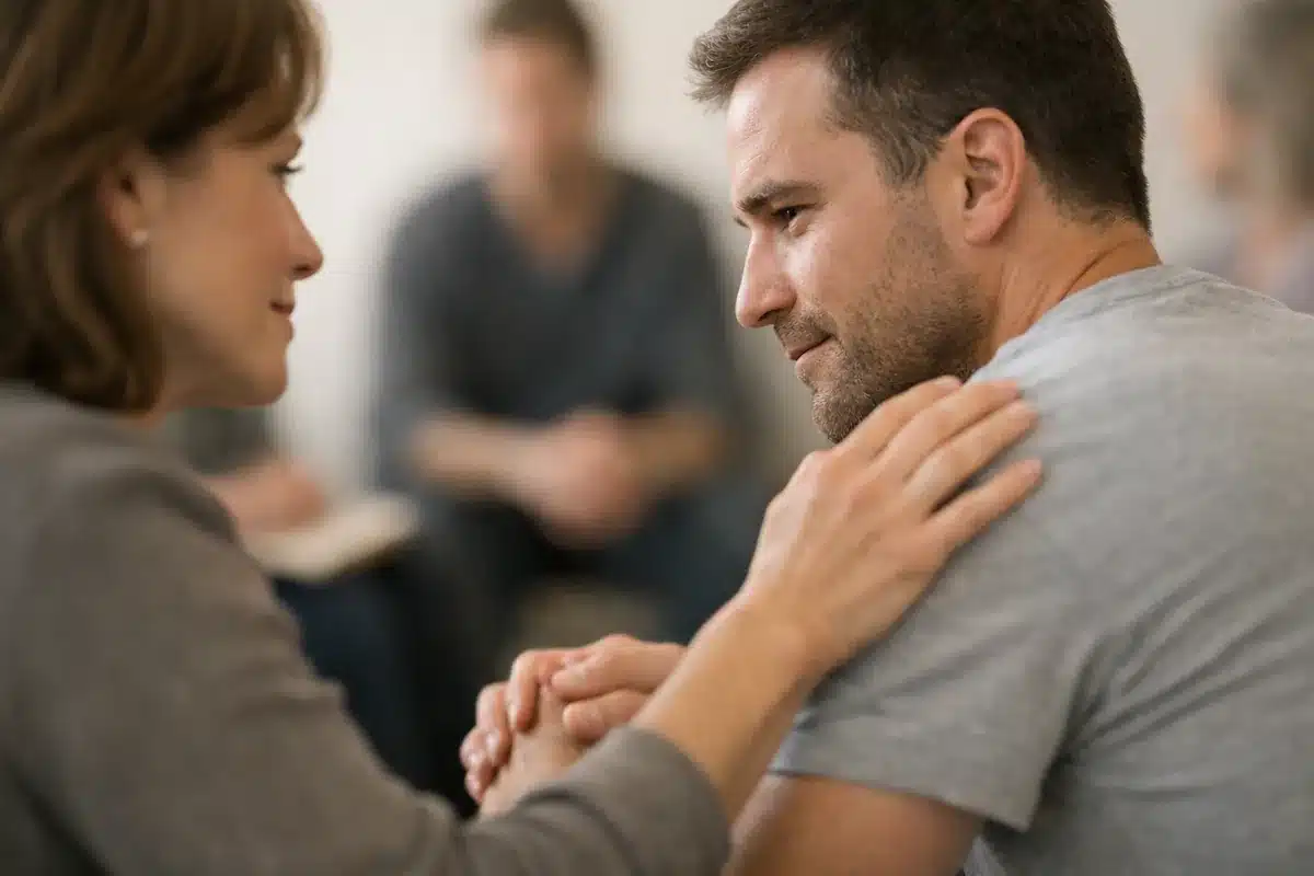 Inpatient treatment in Georgia includes compassionate support as a woman comforts a man during a group therapy session.