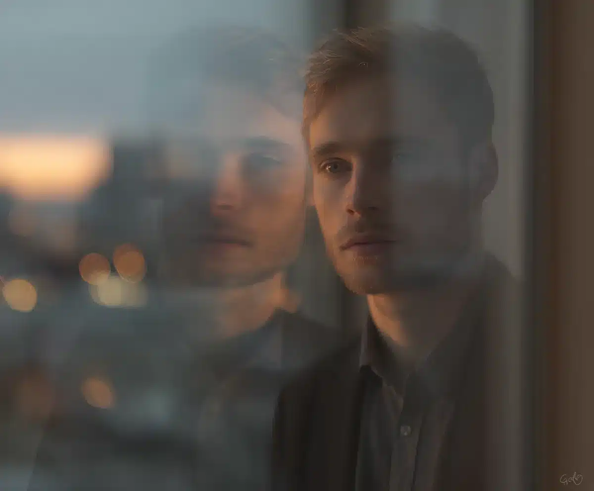 A man with a contemplative expression reflecting on mental health gazes out a window at city lights, his image mirrored in the glass.