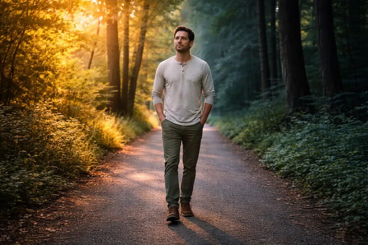 A man walks a forest path split between golden light and dark shadow to symbolize the mental health recovery journey.