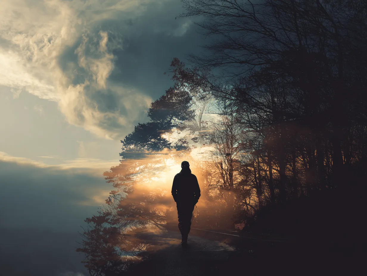 Person walking toward light along a forest path, symbolizing recovery from PTSD and co-occurring disorders through dual diagnosis treatment.