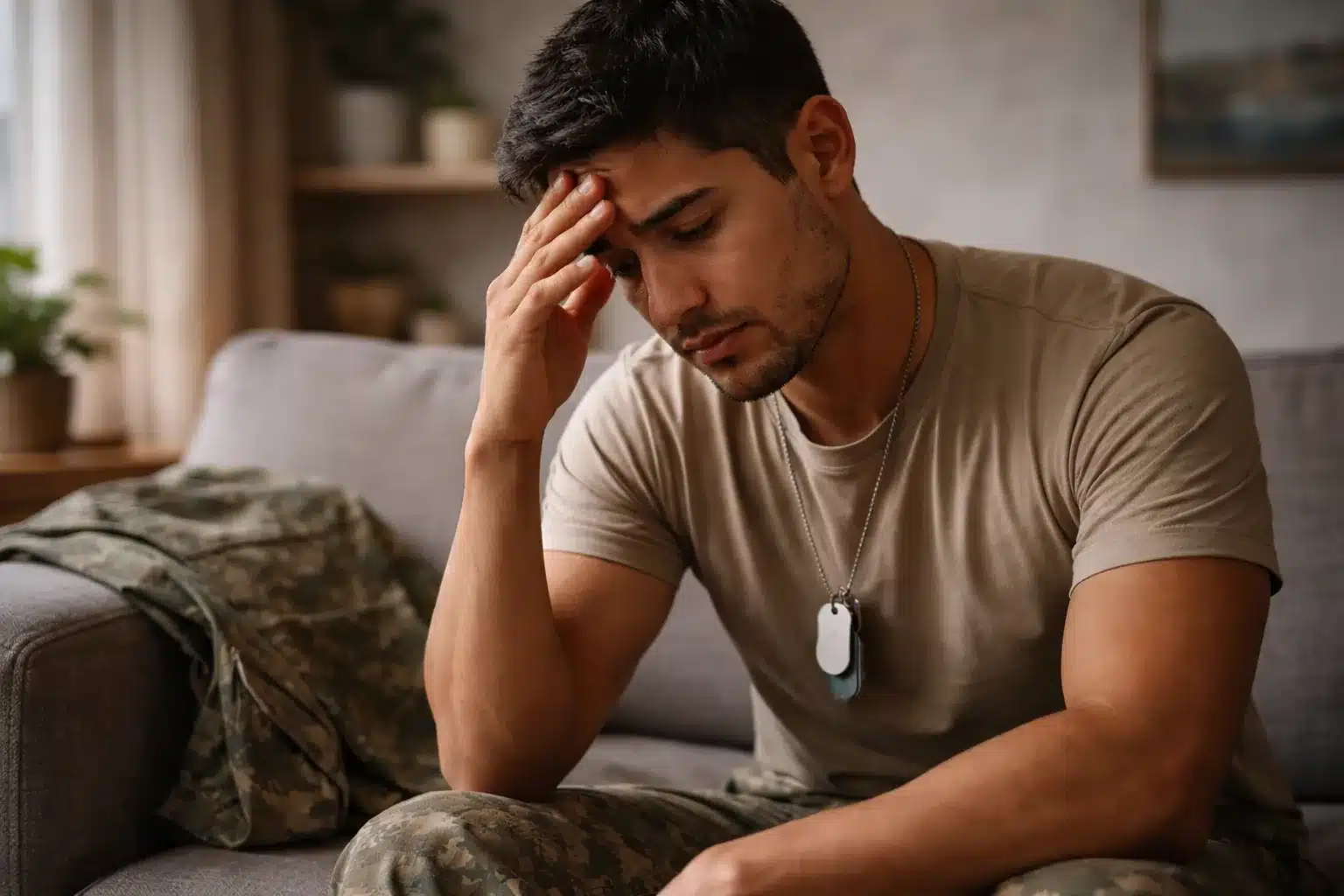 A veteran soldier in camouflage pants sits with his head in his hand to illustrate PTSD and mental health challenges.