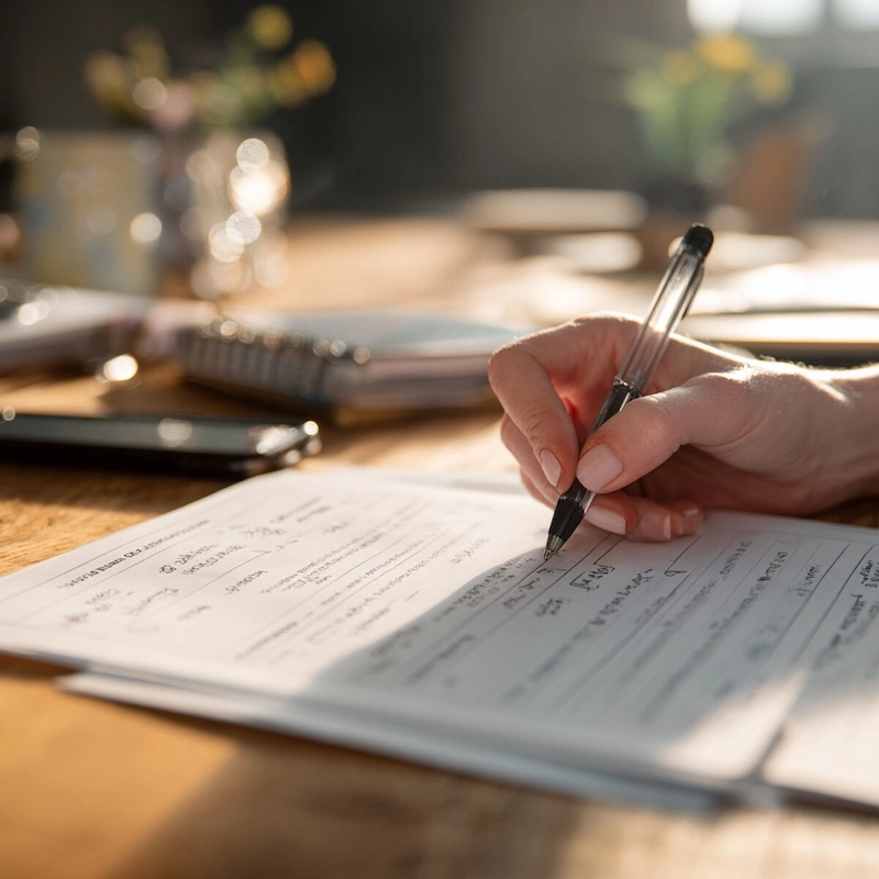 A person fills out necessary paperwork with a pen on a sunny desk to complete the mental health admissions process.