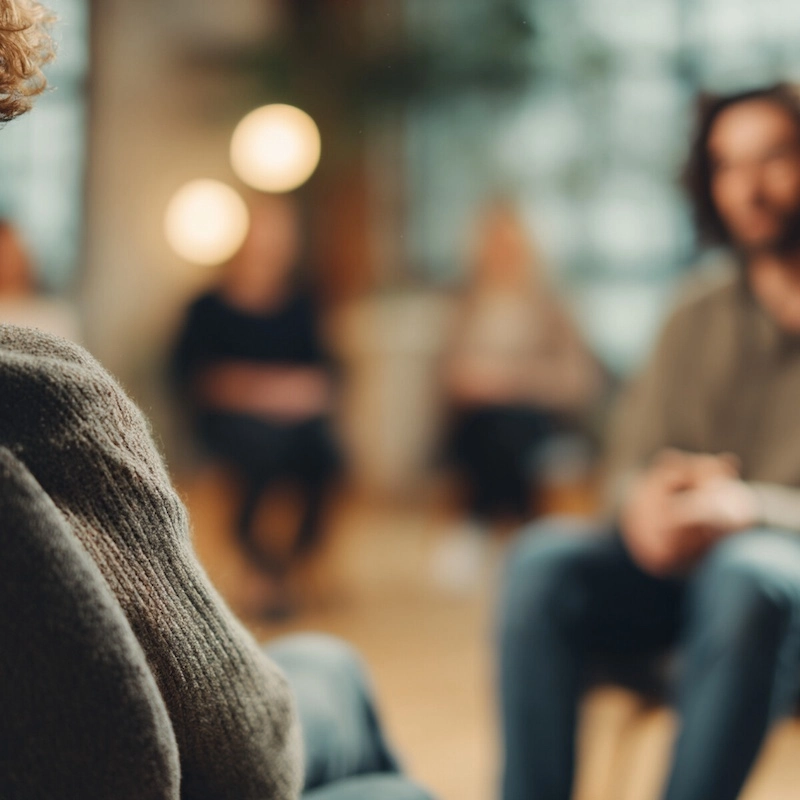 A blurred view of a group therapy session illustrates the private and supportive nature of mental health treatments in Georgia.