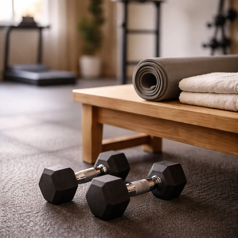 Gym essentials including dumbbells and a yoga mat rest in soft light to illustrate the role of wellness in OCD treatment.