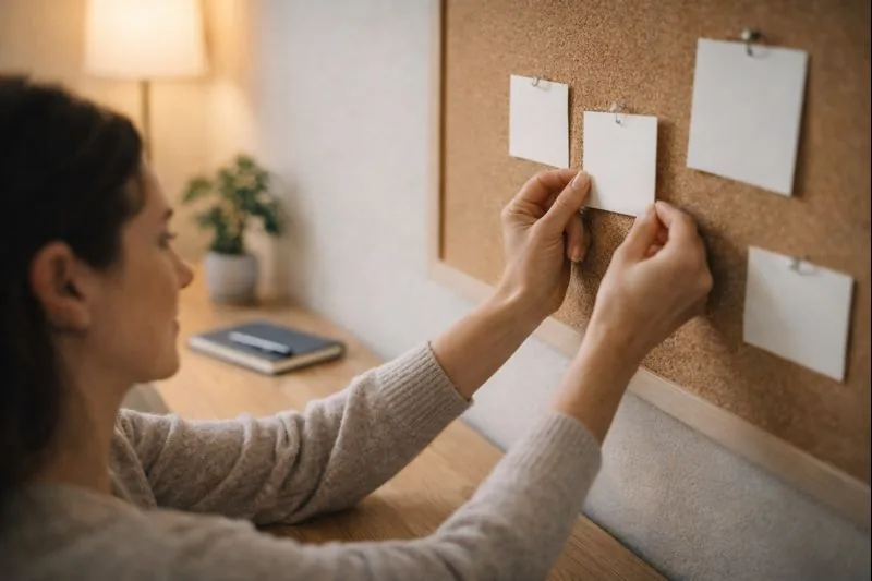 A woman pins a reminder to a corkboard, symbolizing the practical planning and routine building used to manage bipolar disorder symptoms at Serenity Grove.