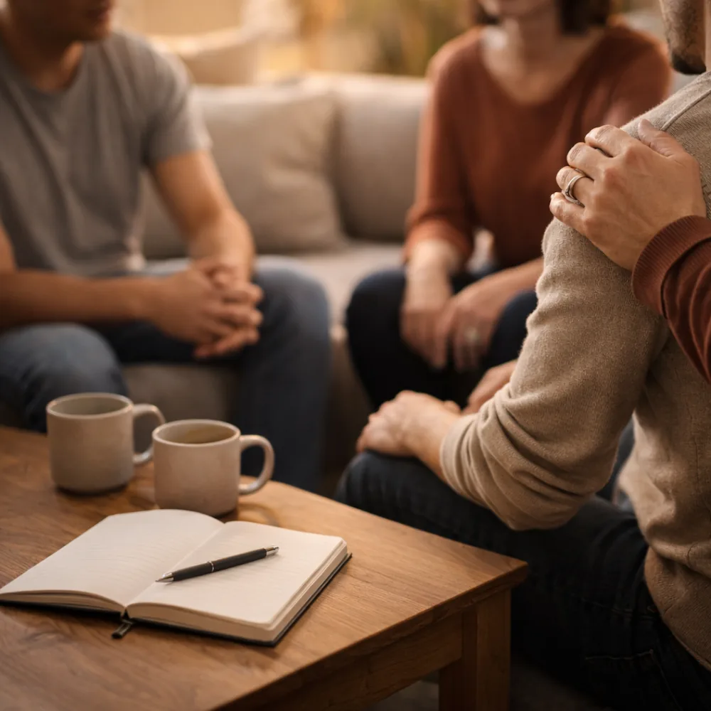 A supportive hand rests on a shoulder during a group conversation, with warm tea and a notebook on the table to signify connection.