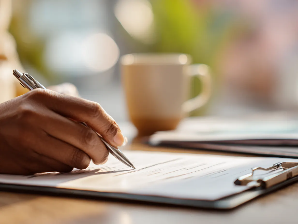 A close-up of hands filling out simple admissions forms on a clipboard to help check insurance coverage.