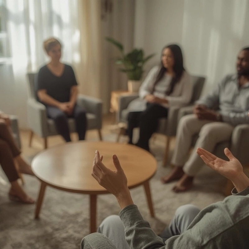 A small group of adults sits in a comfortable circle for therapy, illustrating the support available when you check insurance coverage.