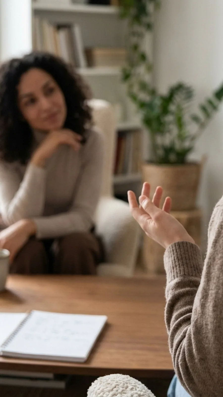 A therapist listens attentively to a client during a one-on-one session, representing the compassionate and tailored individual care at the heart of the mission.