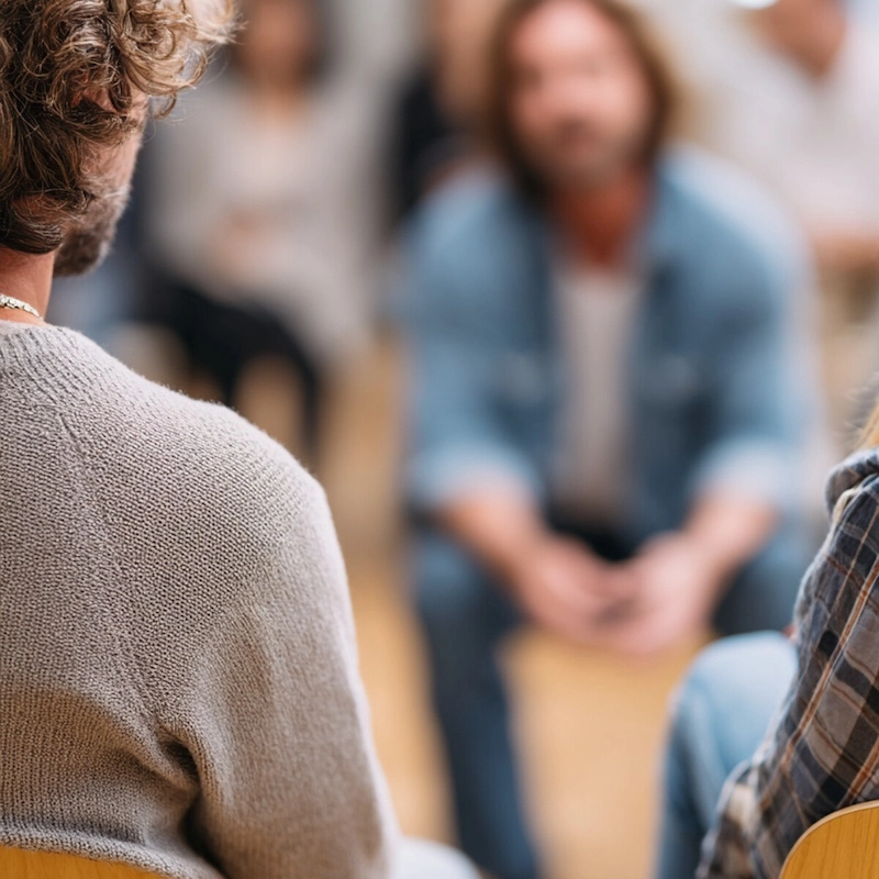 A person listens intently during a group therapy session, illustrating the peer support and shared healing found in the intensive outpatient program.