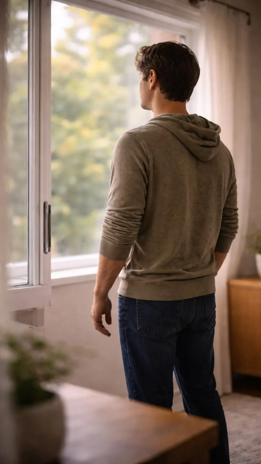 A person looks out a window in a quiet moment, representing the stability and reflection fostered while continuing daily life in the intensive outpatient program.