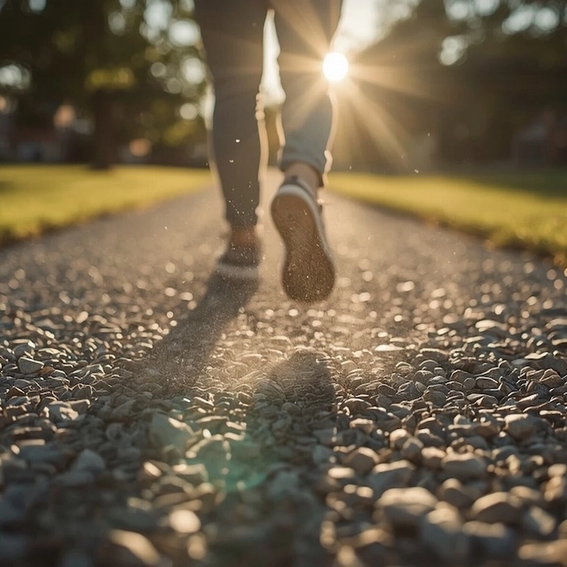 A person walks along a sunlit gravel path, symbolizing the forward progress and step-down support provided by the intensive outpatient program.