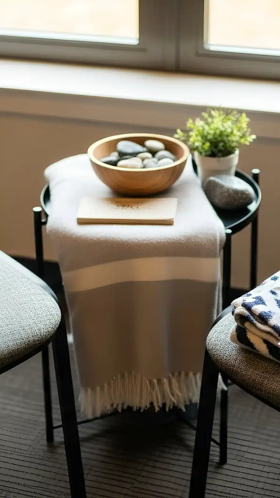 Mindful tools for OCD treatment include a grounding bowl of smooth stones and a soft blanket on a small side table by a window.