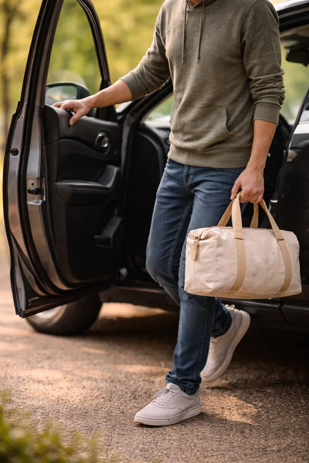 A man with an overnight bag steps out of his car, representing the daily arrival for structured treatment in the Partial Hospitalization Program.