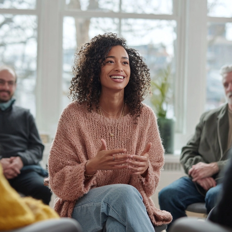 A person speaks to a small group in a circle, their hands gesturing modestly, illustrating the open and supportive environment of the Partial Hospitalization Program.