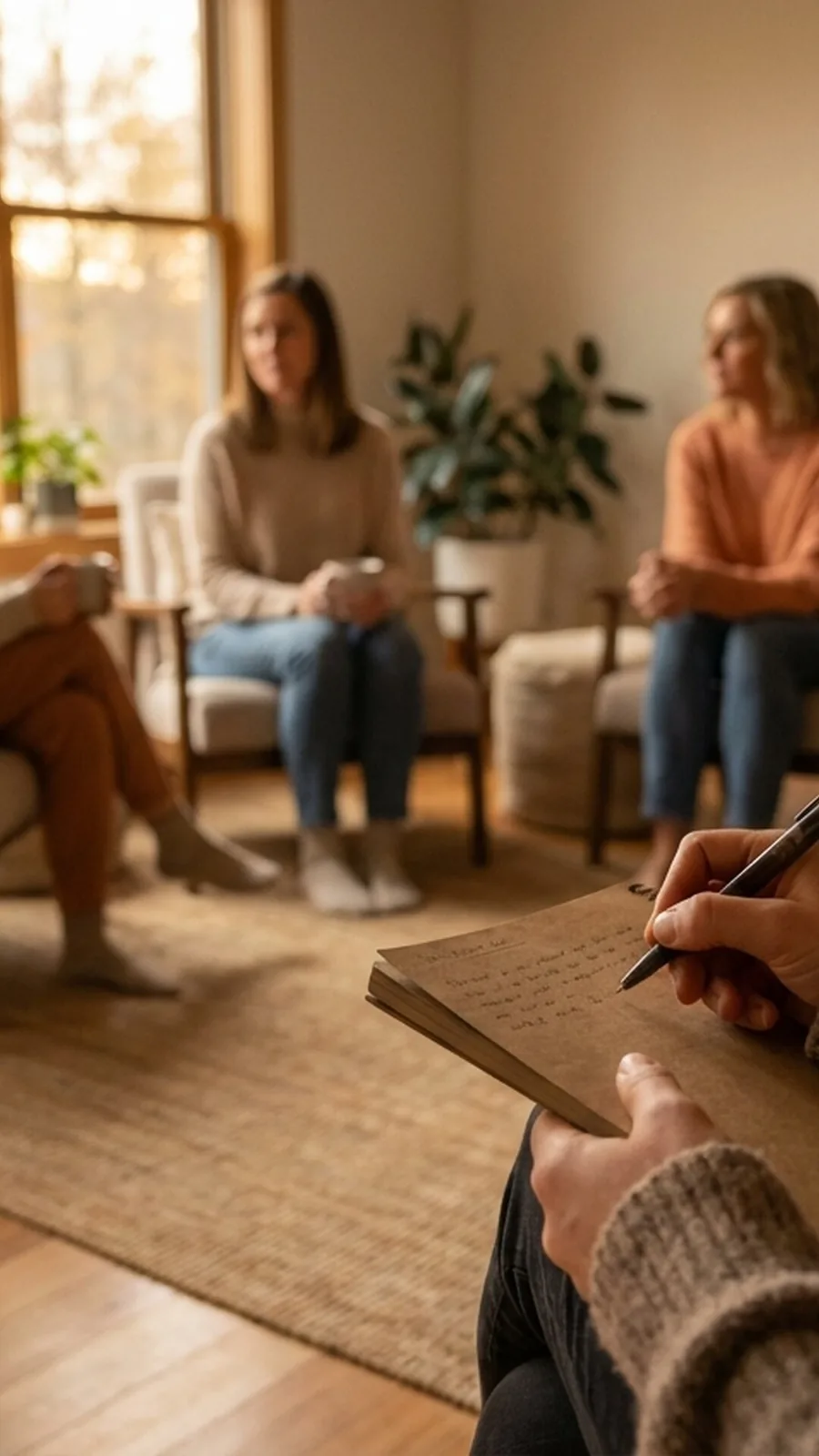 A small group participates in a mental health skills session in a warm, sunlit room, illustrating the structured support of the Partial Hospitalization Program.