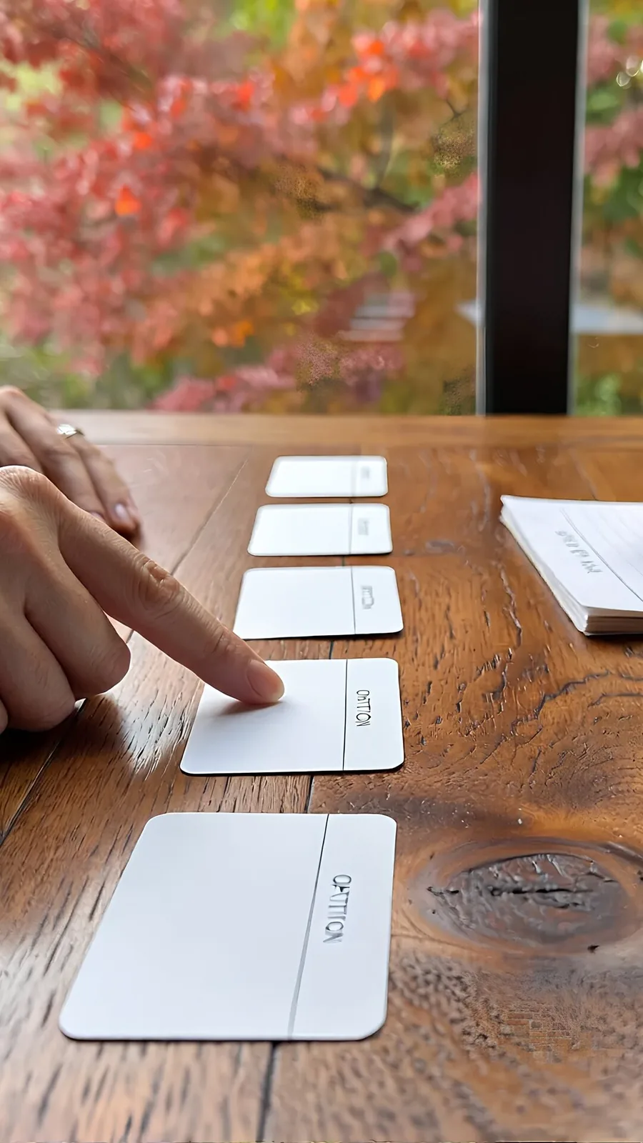 Two people calmly review option cards on a wooden table, illustrating the personalized care planning and life skills support found at our schizophrenia treatment center.