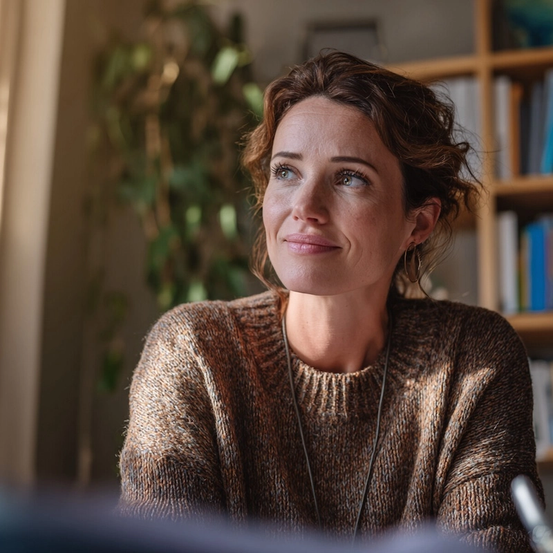 A woman with a warm, gentle smile looks up, representing the compassionate and genuinely personal care that is central to Serenity Grove's mission.