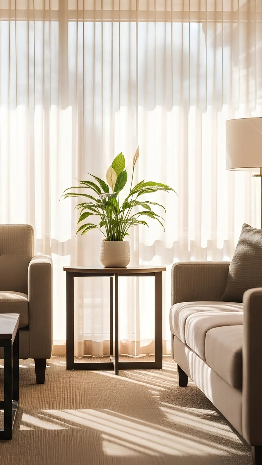 A quiet, sunlit room with comfortable seating and soft lighting, providing a safe and calming space for anxiety treatment at Serenity Grove.