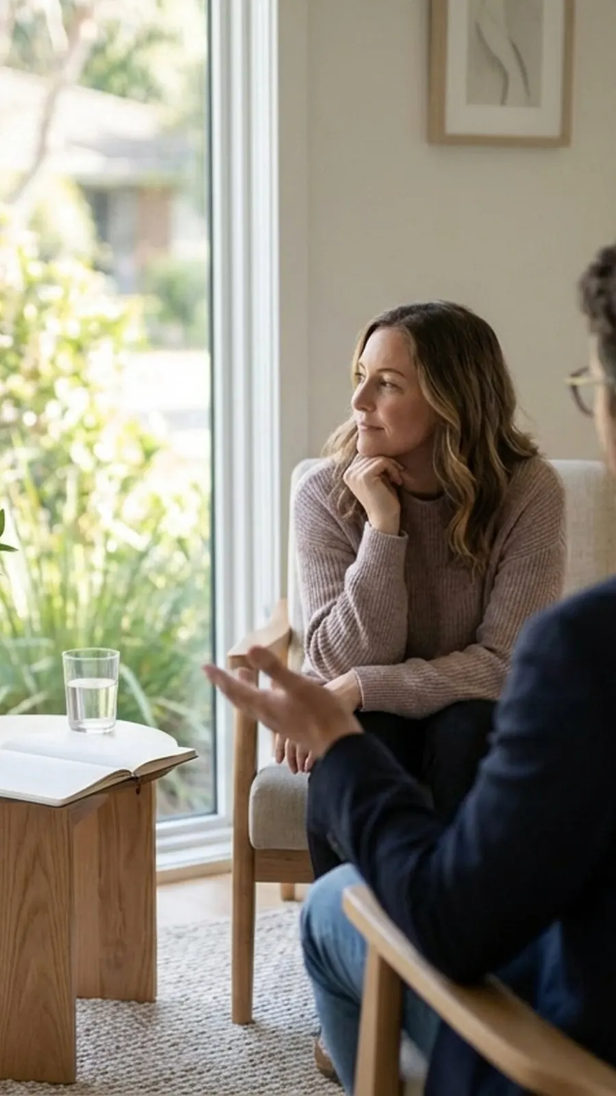 A woman sits alone by a sunlit window holding a warm cup, representing the quiet reflection and low mood often associated with depression.