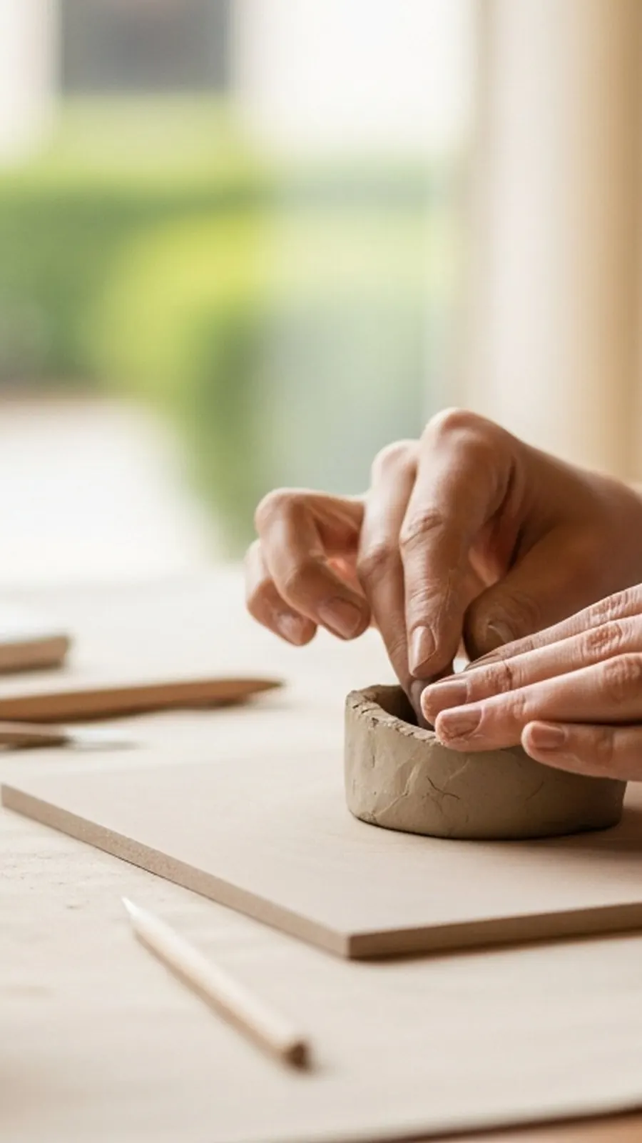 Hands gently shape clay during a creative therapy session, offering a tactile and expressive outlet for healing from depression at Serenity Grove.