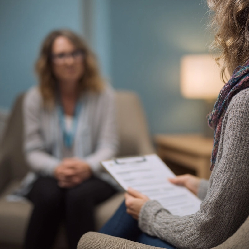 A therapist holds a clipboard to review a personalized treatment plan during a consultation with a client at Serenity Grove.