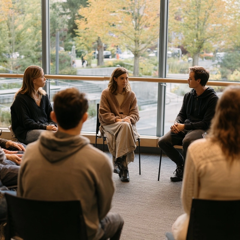 A support group sits in a circle for a therapy session in a room with large windows overlooking autumn trees.
