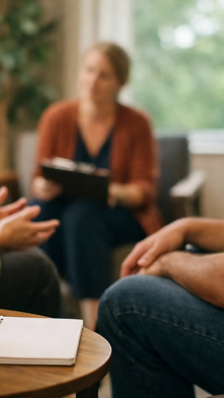 A compassionate therapist listens attentively to a client during a private individual counseling session at Serenity Grove.